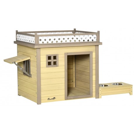 CASETA INTERIOR EXTERIOR MADERA PERROS CON COMEDEROS